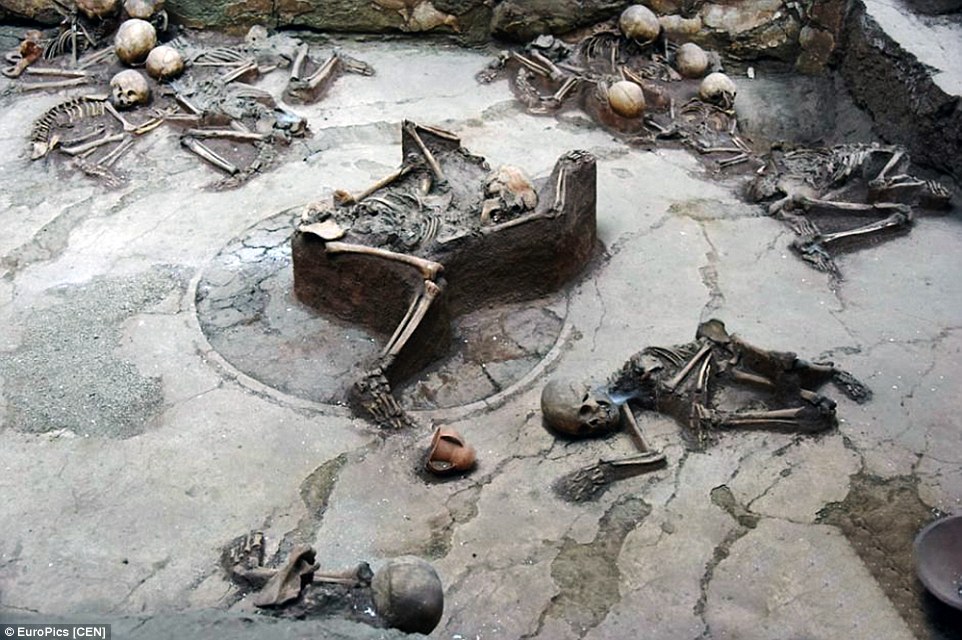 Victims: The well-preserved remains show the deceased's final moments before a devastating earthquake hit the village 