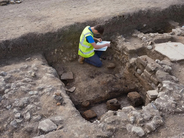 A dedicated volunteer documents the intricate Hypocaust system uncovered at the site, shedding light on ancient Roman engineering. (Credit: Teffont Archaeology)