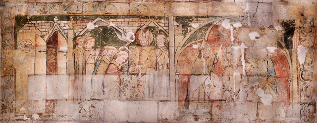 A scene depicting an episode from the life of St. Maurille, painted with intricate detail and vibrant pigments. (Source: Angers Cathedral Archives)