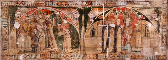 A segment of the uncovered murals illustrating key episodes of St. Maurille's journey. (Source: Angers Cathedral Archives)