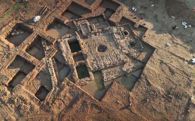 An aerial view of the excavation near Kiryat Gat reveals an extensive wine-making operation, offering insight into Byzantine-era craftsmanship. (Emil Aladjem/Israel Antiquities Authority, January 6, 2024)