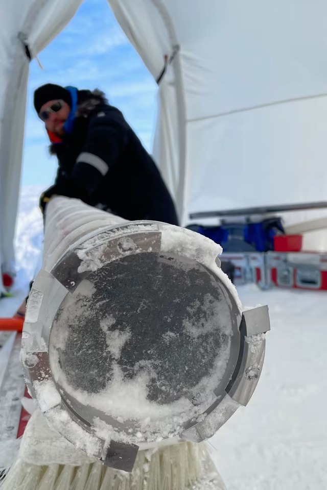 An ice sample sits on the melter during chemical analysis at the Desert Research Institute, as scientists delve into its hidden secrets.