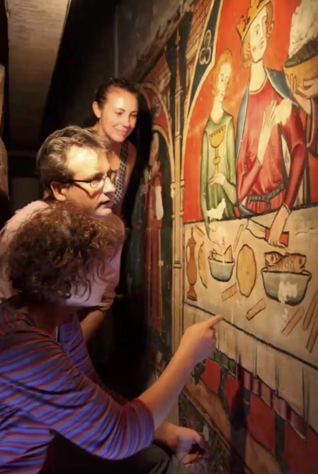 Experts from the University of Cambridge’s Hamilton Kerr Institute inspect the vibrant 13th-century Gothic murals. (Source: Angers Cathedral Archives)