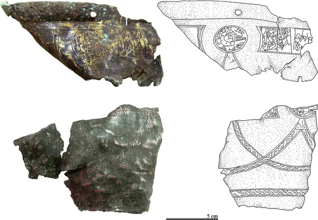 Fragments of a beautifully decorated bronze vessel were uncovered in the grave, showcasing the craftsmanship of ancient Mongolian culture. (Credit: Amartuvshin Chunag et al., Archaeological Research in Asia, 2024)