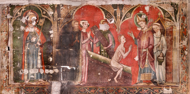 St. Maurille depicted performing a miracle, emphasizing the religious and historical significance of the artwork. (Source: Angers Cathedral Archives)