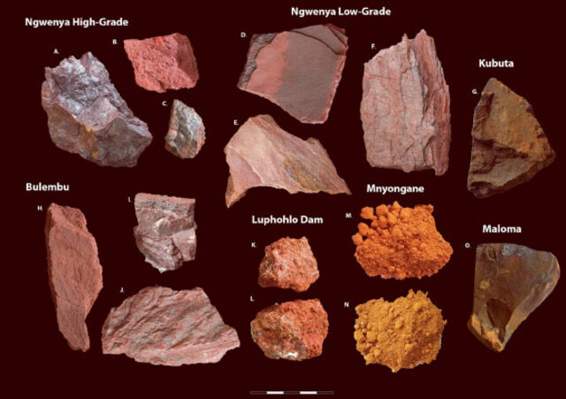 Shown here are selected hand specimens from the study’s sample sites: Ngwenya high-grade (A–C), Ngwenya low-grade (D–F), Kubuta (G), Bulembu (H–J), Lupholo Dam (K, L), Mnyongane (M, N), and Maloma (O). Scale bar = 1 cm. (Image credit: MacDonald et al., doi: 10.1038/s41467-024-53050-6)