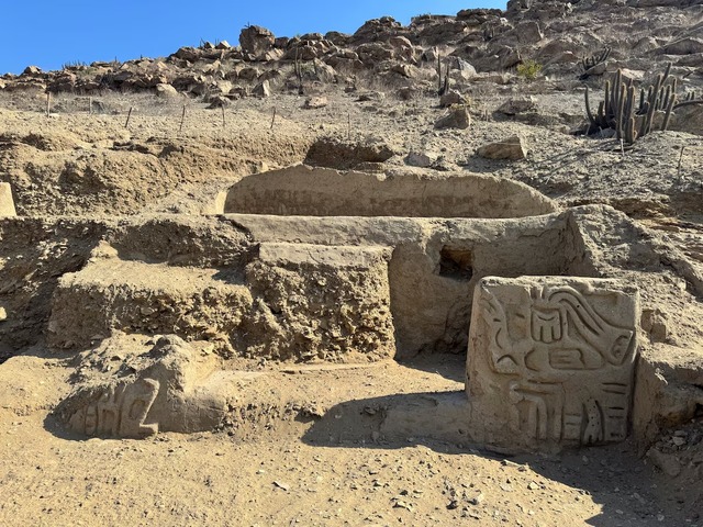 Fragments believed to be parts of a 4,000-year-old ceremonial temple, long buried in the sand dunes of northern Peru, are revealed after careful excavation by archaeologists in Lambayeque, June 24, 2024. (Credit: Peru's Pontifical Catholic University/Handout via REUTERS)