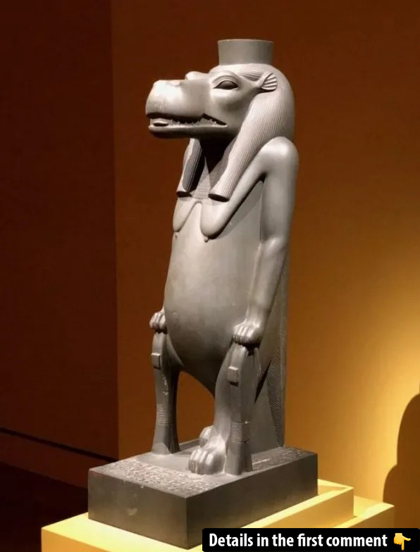 A greywacke statue of the goddess Taweret hails from Luxor, dating to Egypt’s Late Period (26th Dynasty) under Psamtik I (c. 664–610 B.C.). This remarkable piece is held in the Egyptian Museum, Cairo (CG 39145).