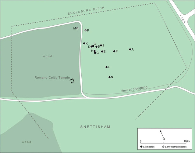 Drawn from archaeological excavations, this plan shows how the Snettisham hoards were labeled alphabetically according to their order of discovery.