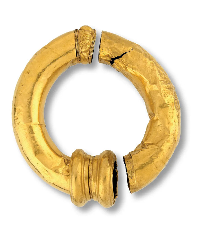 One of the first clues to Snettisham’s hidden wealth came in 1948 when Raymond Williamson unearthed this gold torc. (Image: Norwich Castle Museum, 1949.74.2)