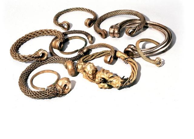 Shown here are some of the site’s gold-alloy torcs—crafted with varying proportions of gold, silver, and copper.