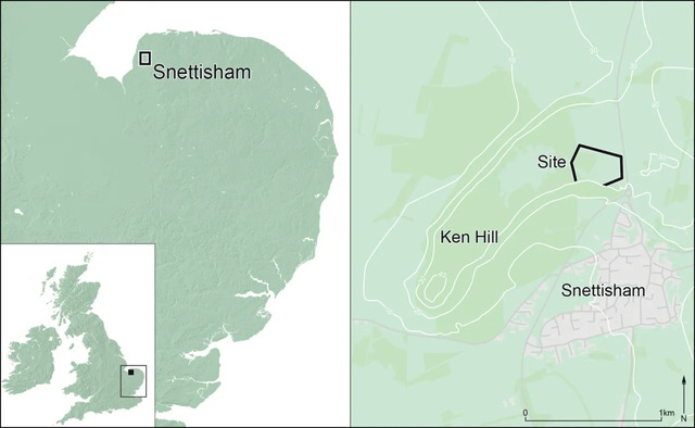 This map pinpoints the location of Ken Hill and marks the Iron Age discoveries made there.