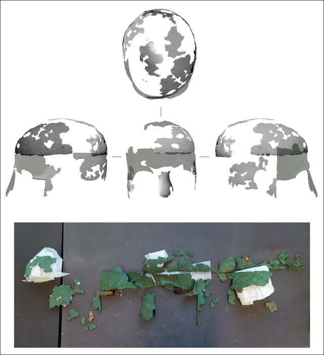 Through expert conservation efforts, the helmet that once contained Hoard F has been painstakingly reconstructed from its surviving pieces.
