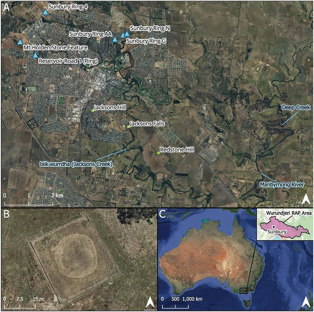 (A) Key locations highlighted in the current research; (B) A captivating aerial view of Sunbury Ring G; and (C) The geographic context of the study area and RAP zones in relation to the broader Australian landscape. Map credits: VicMap 2024, Department of Transport and Planning 2024, NearMap 2024, Google Satellite 2024 (figure prepared by Zara Lasky-Davison). Credit: Caroline Spry et al., Australian Archaeology (2025).