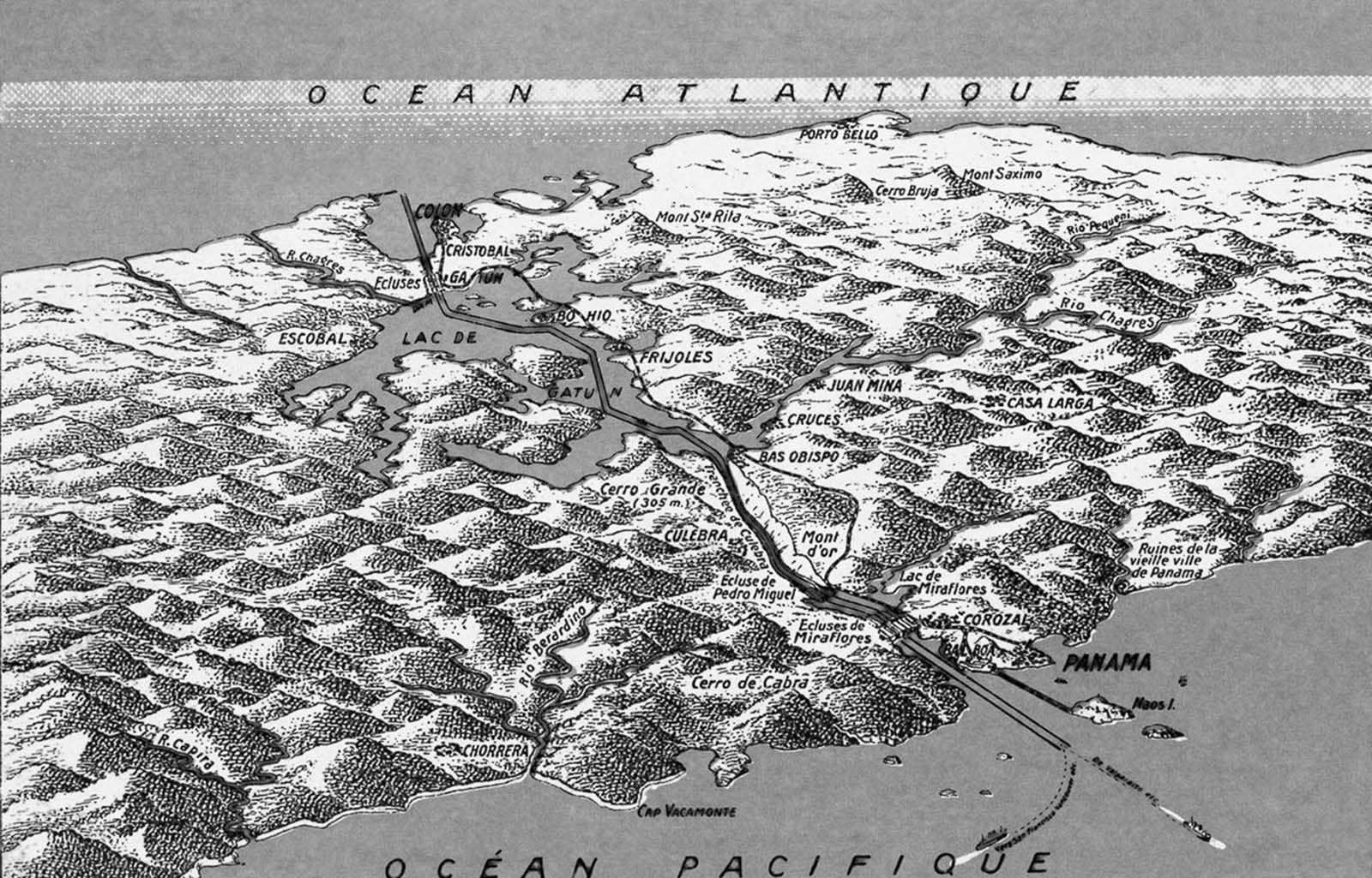 A 1910 map outlining the planned route of the Panama Canal.