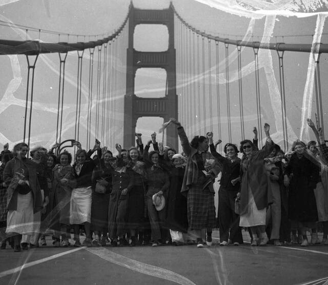 A group of fearless women, undeterred by planes, ships, automobiles, fog, gusty winds, and blowtorches, became some of the first to step onto the Golden Gate Bridge in May 1937. (Photographer Unknown/San Francisco Chronicle via Getty Images)