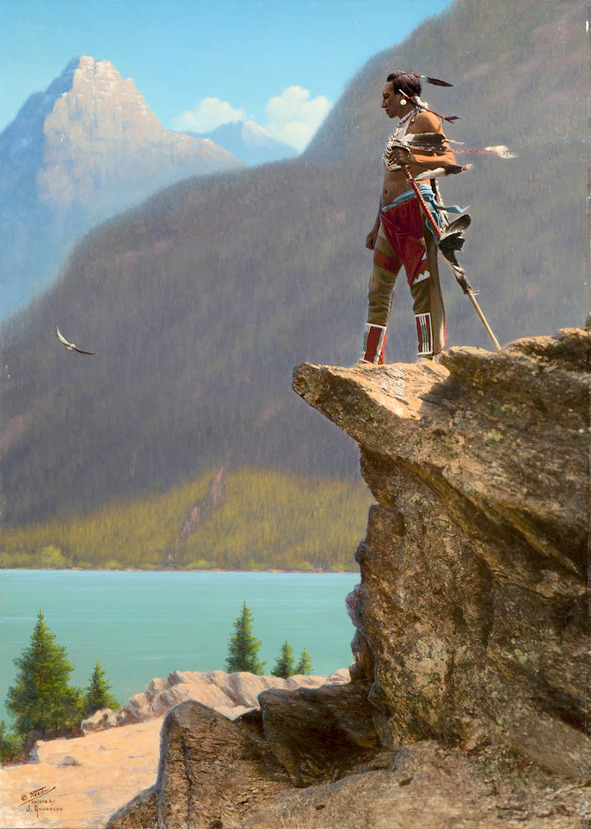 A Northern Plains warrior overlooks the Montana landscape, his gaze set on an uncertain future. Early 1900s. Hand-colored photo by Roland W. Reed.