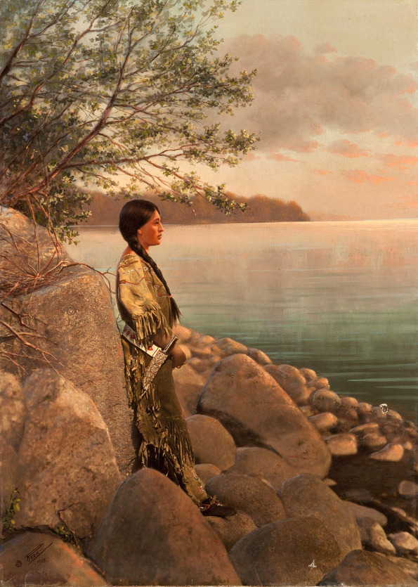 A beautifully hand-painted print of a young woman by the river, Montana, early 1900s. Photo by Roland W. Reed.