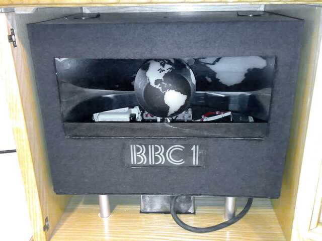 A behind-the-scenes look at the mechanical setup used to create the iconic BBC1 globe logo from the early 1980s
