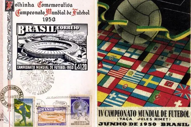 A collection of memorabilia—stamps and a promotional poster marking the 1950 World Cup in Brazil.