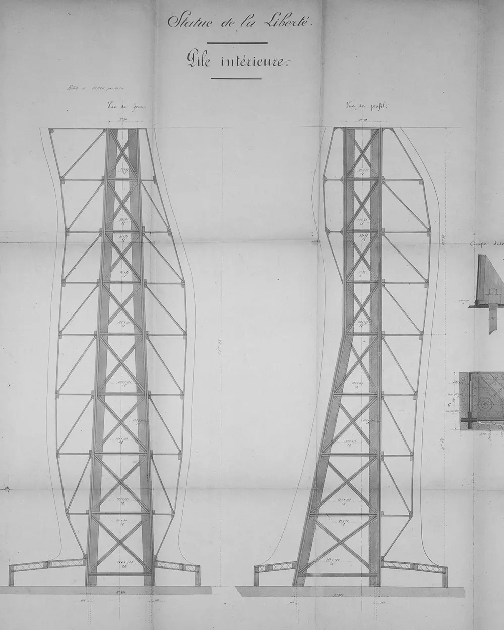 A detailed elevation drawing of the statue’s iron framework, engineered by Gustave Eiffel, showcasing its innovative internal support.
