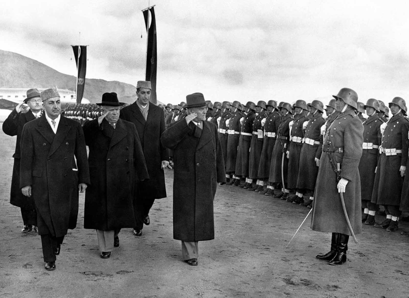 A diplomatic moment in Kabul, as Soviet leader Nikita Khrushchev inspects an Afghan honor guard dressed in old German uniforms, December 15, 1955.
