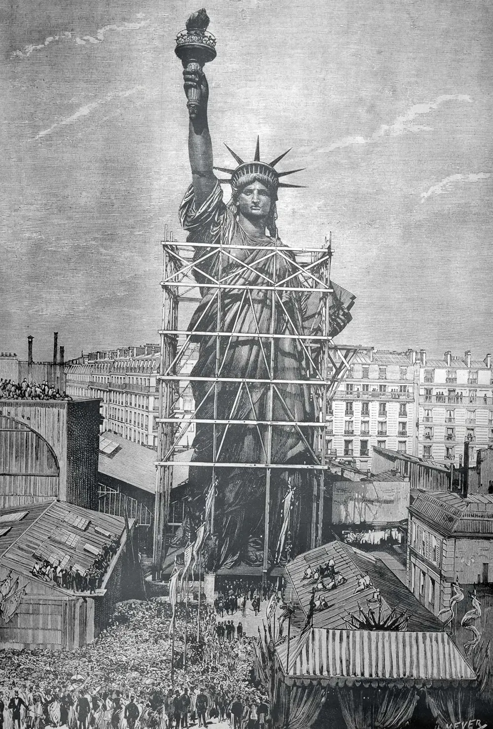 A moment of pride—France formally unveils the completed Statue of Liberty to the U.S. ambassador before it embarks on its journey to New York.