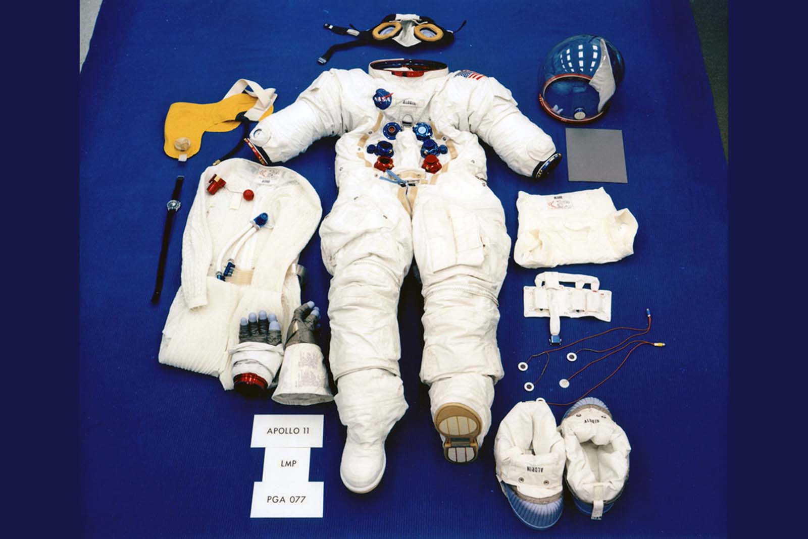 A preflight look at Buzz Aldrin’s space suit, meticulously prepared for its historic lunar debut.