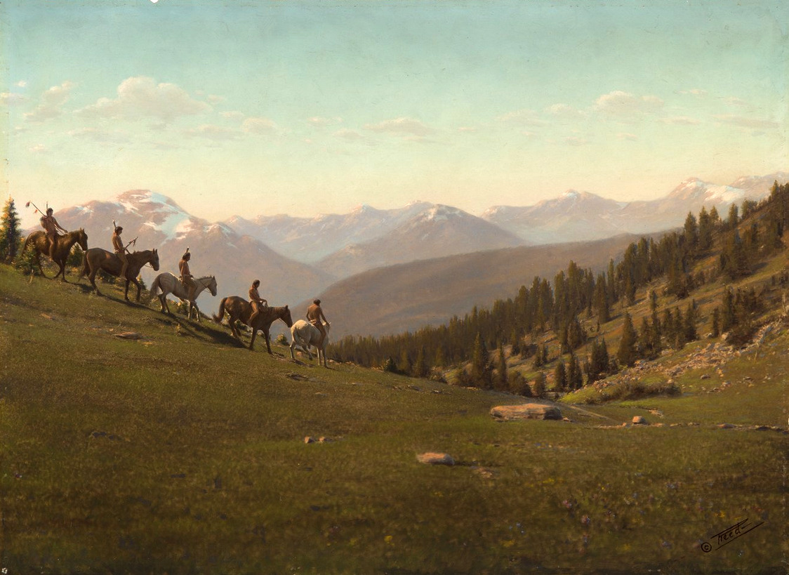 A vivid hand-painted print depicting five riders navigating a steep hill in Montana. Early 1900s. Photo by Roland W. Reed.