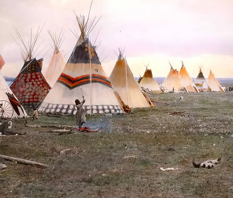 A woman chopping firewood in a Blackfoot camp, with an Eagle Tipi in the foreground and a Star Tipi to the left. Early 1900s.