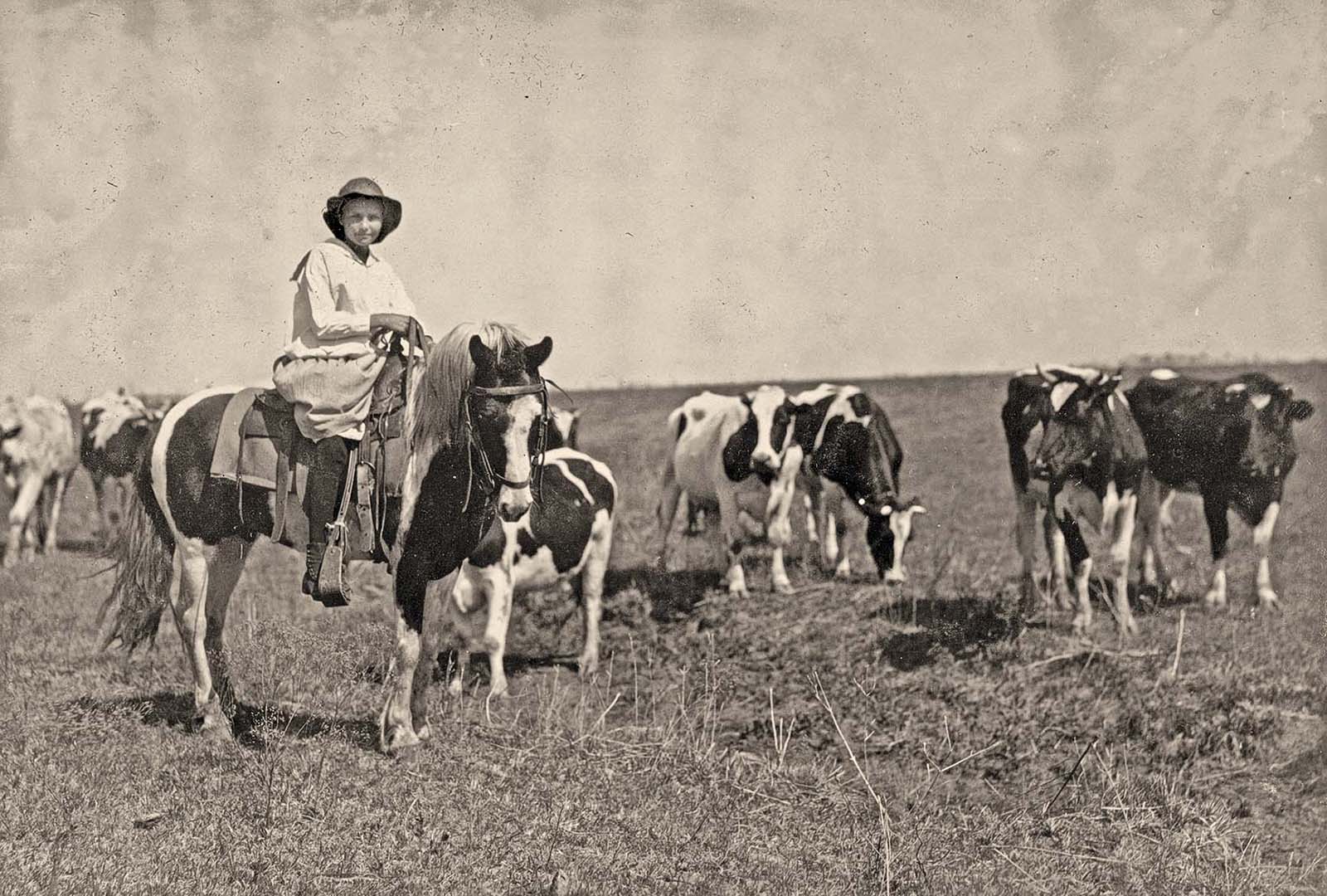 A young ranch hand – Sarah Crutcher, only 12 years old, expertly herding cattle like a seasoned cowboy.