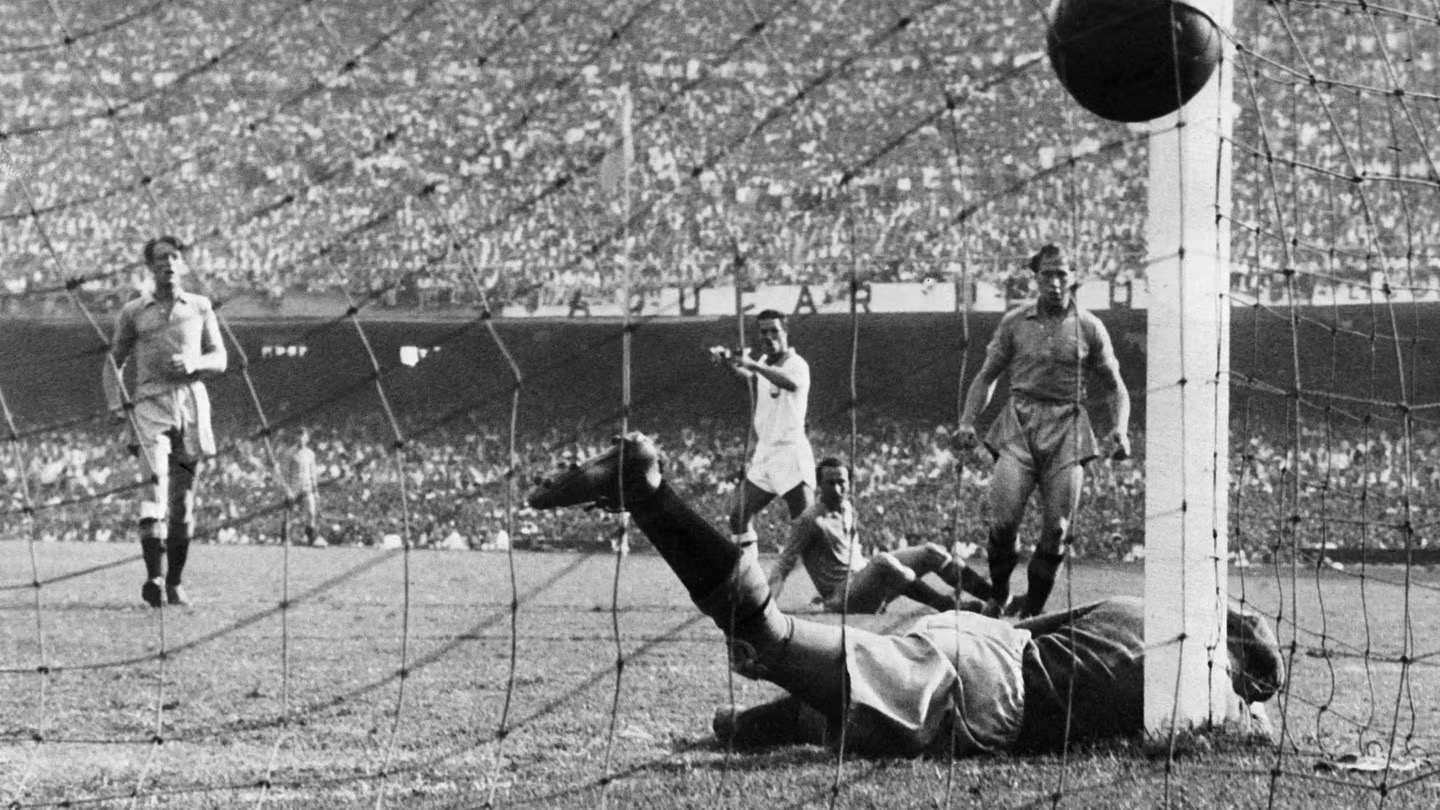 Ademir’s strike for Brazil during their dominant 7-1 victory over Sweden in 1950. Photograph: Staff/Getty