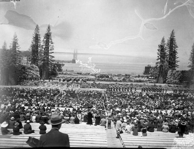 Everyone turned out for the fiesta at Crissy Field — except for the bridge itself, which was meant to be the star of the show. Thanks, Karl! (Photographer Unknown/San Francisco Chronicle via Getty Images)