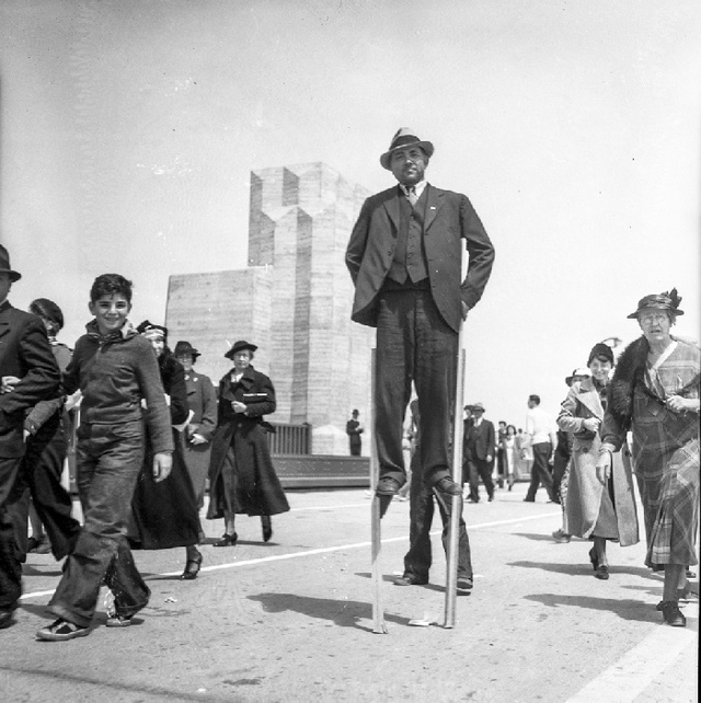 Florentine Calegeri, a houseman from the Palace Hotel, made history on May 27, 1937, as the first person to walk across the Golden Gate Bridge and back on stilts. (Courtesy of a private collector)