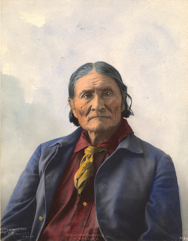 Geronimo (Goyaałé), the fearless Apache leader, photographed in 1898 by F.A. Rinehart in Omaha, Nebraska.