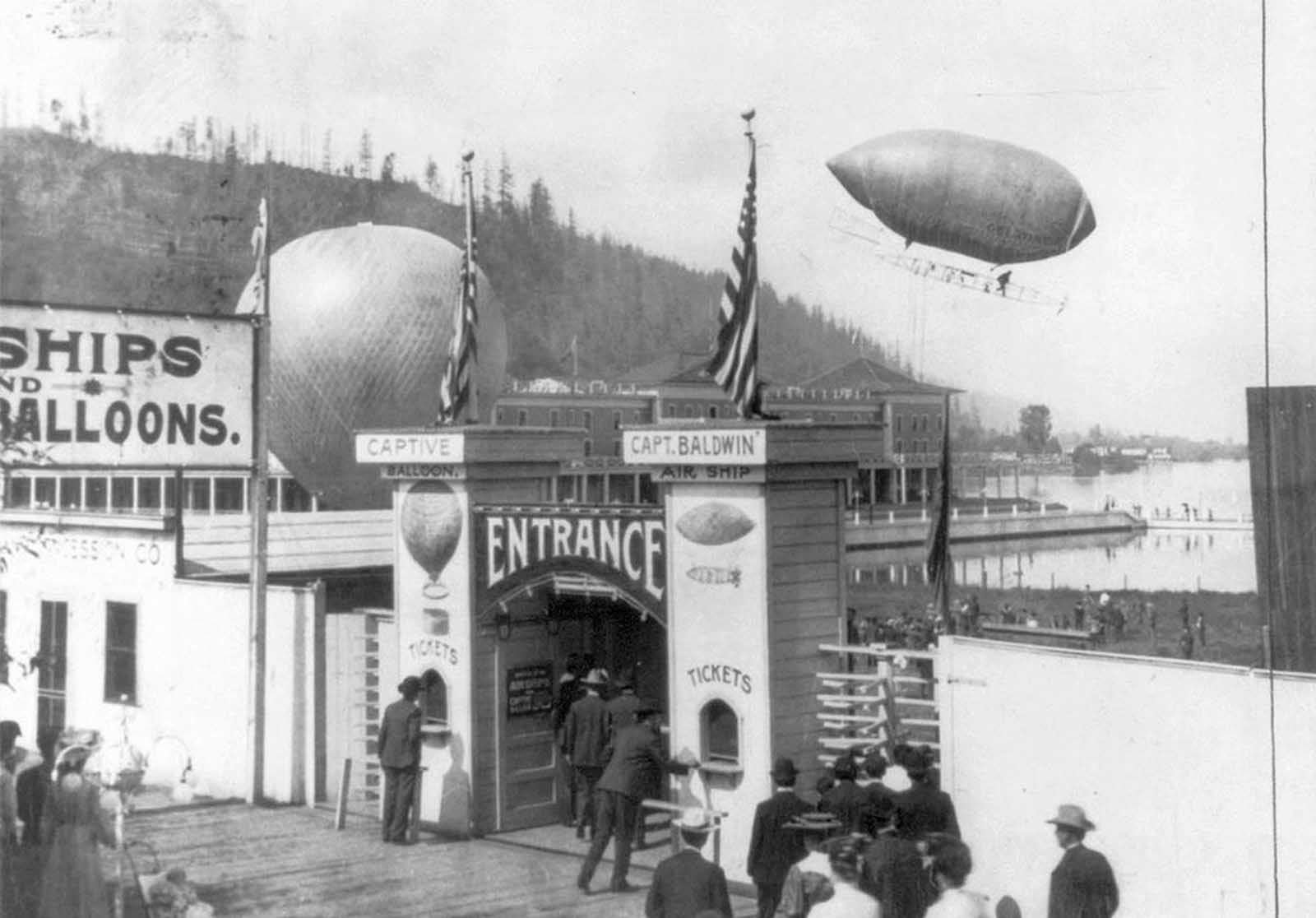 In 1905, pioneering balloonist Thomas Scott Baldwin's airship returns from a flight over Portland, Oregon, during the Lewis and Clark Centennial Exposition.