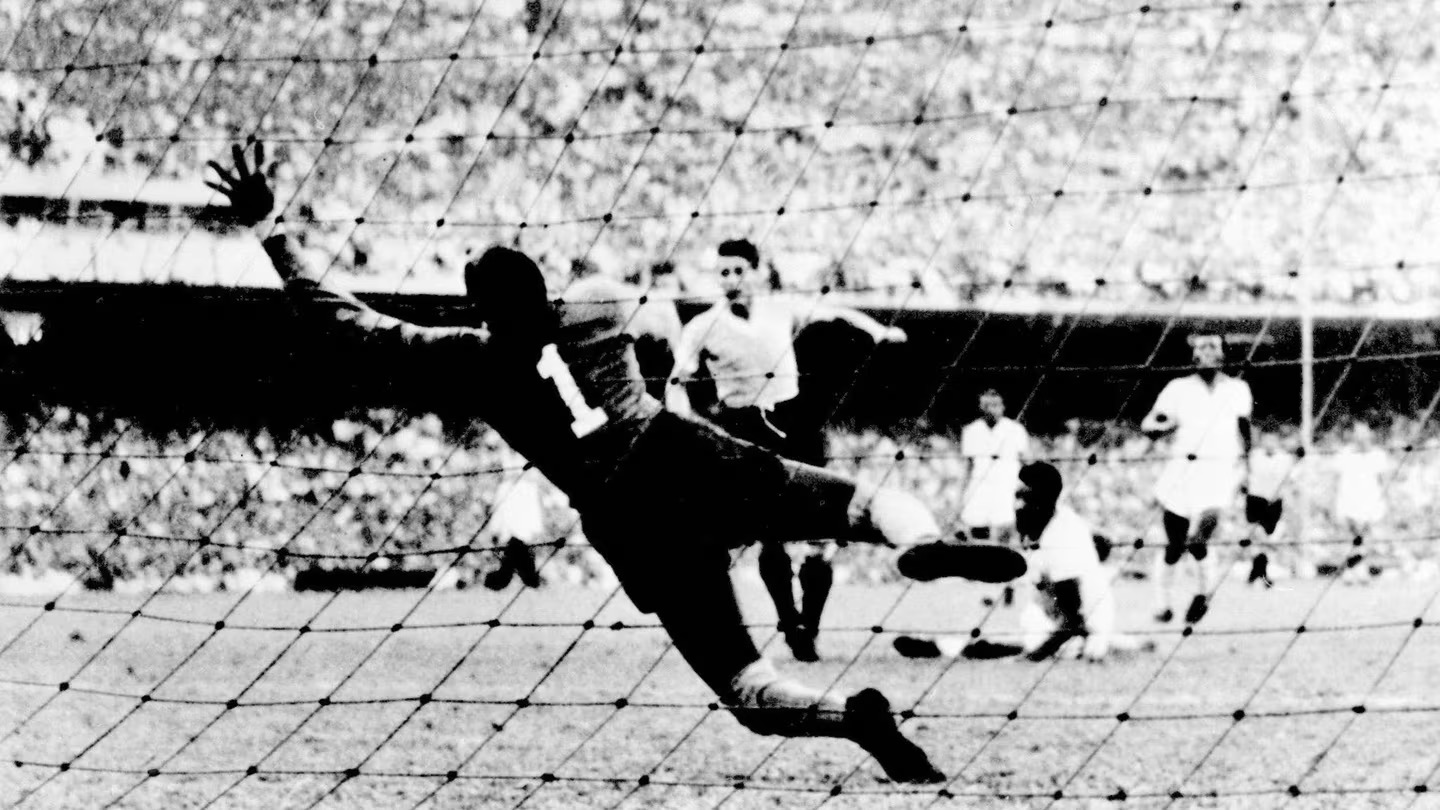 Juan “Pepe” Schiaffino finds the net for Uruguay in the historic 1950 World Cup final. Photograph: Staff/AFP