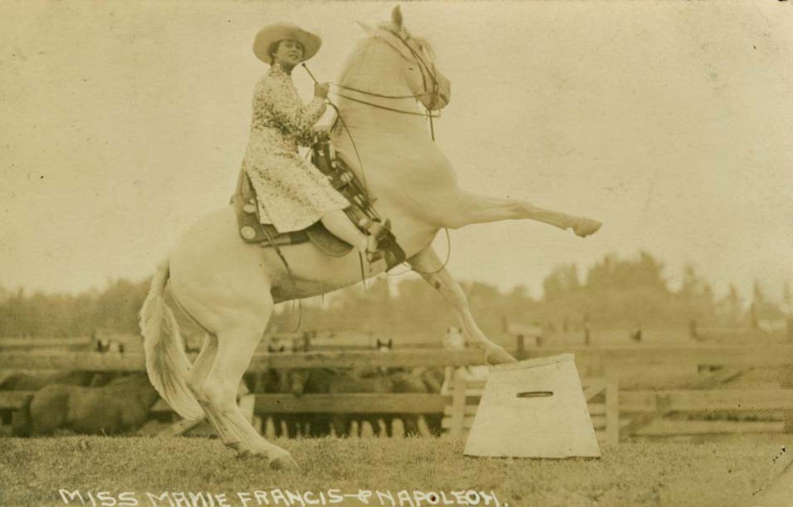 Miss Mamie Francis & Napoleon – A captivating portrait of a talented cowgirl and her loyal horse.Thrown but unbroken – Bonnie McCarroll takes a dramatic fall from her horse, Silver, at the Pendleton Round-Up, September 1915.