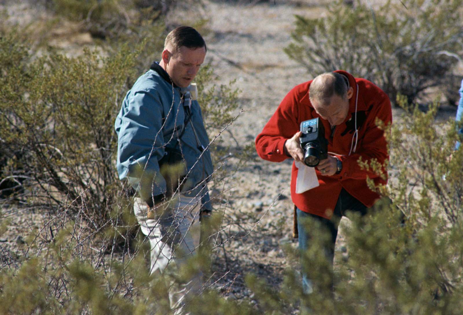 Neil Armstrong and Buzz Aldrin hone their geological skills during a field training session in Sierra Blanca, Texas.