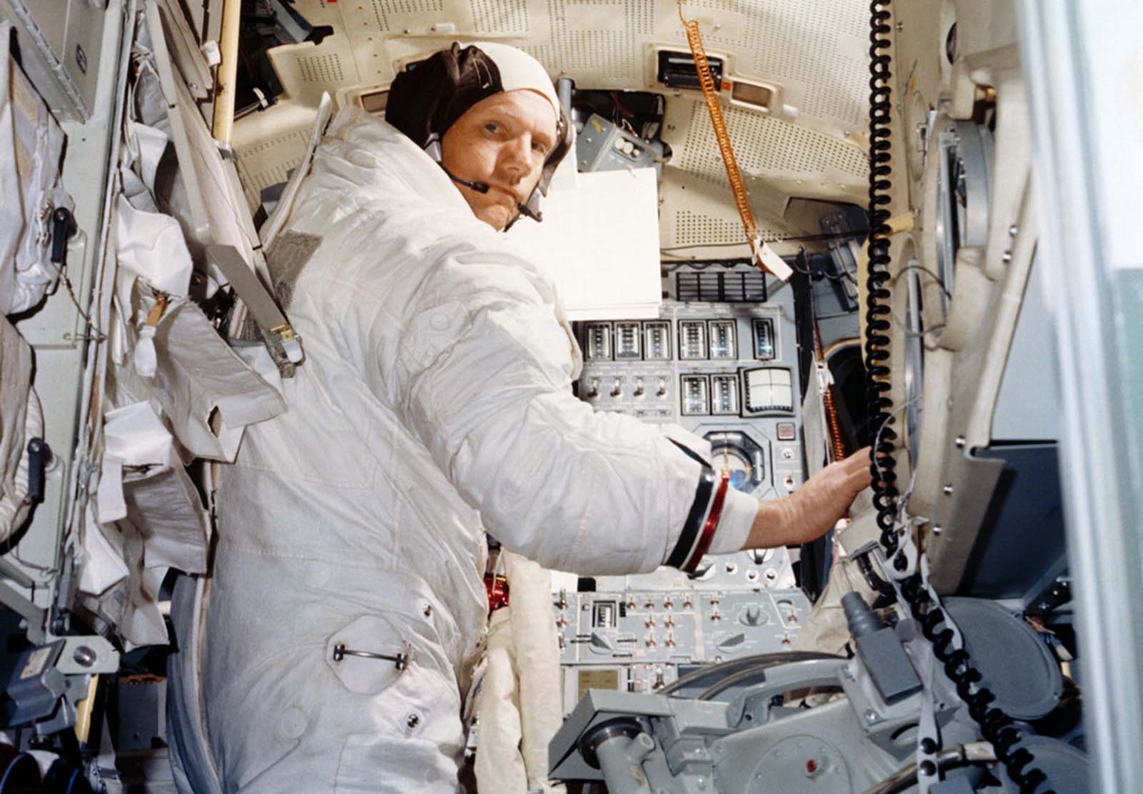 Neil Armstrong fine-tunes his lunar landing skills in a state-of-the-art module simulator, June 1969.