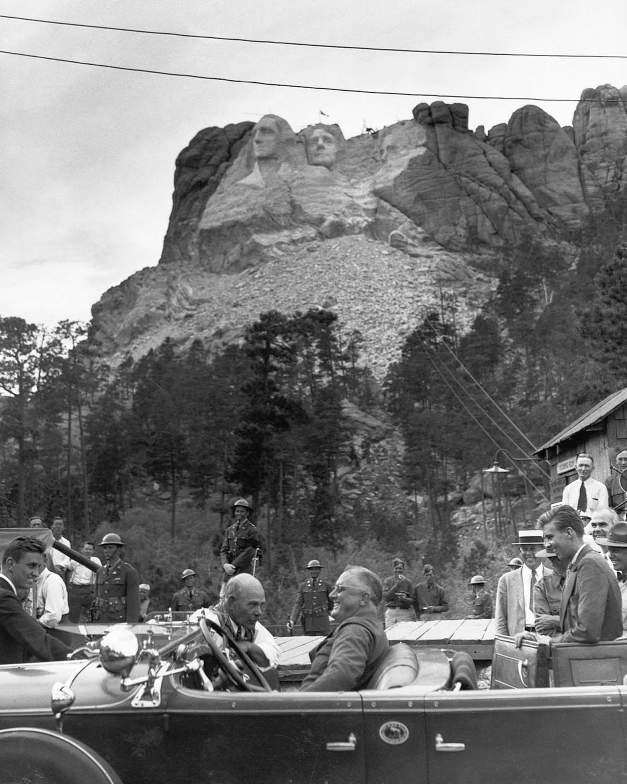 President Franklin Roosevelt visits Mount Rushmore to dedicate Thomas Jefferson’s sculpture, 1936.