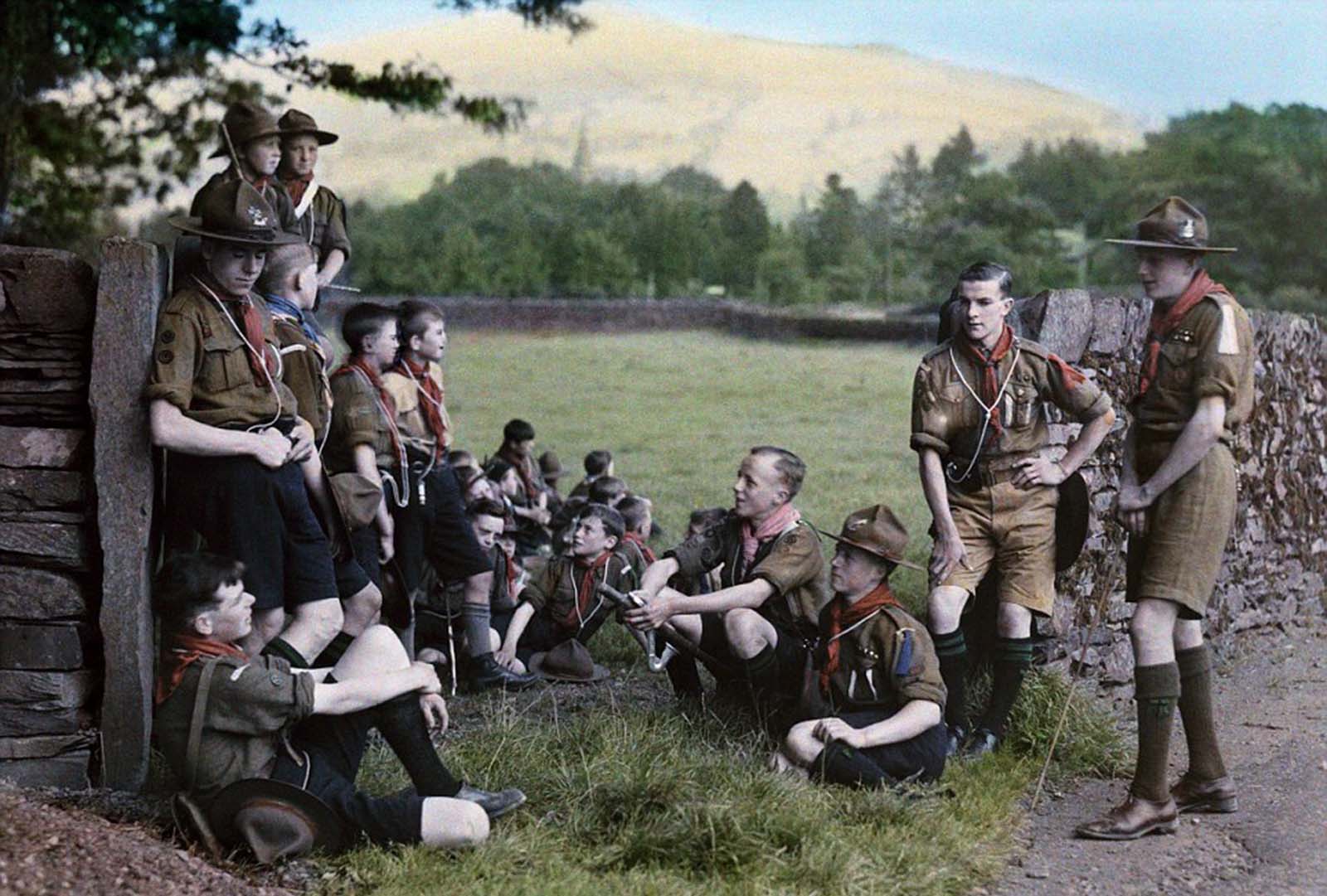 Scouts on a Rest Stop – English Boy Scouts take a well-earned break during a countryside hike near Ambleside in 1929.
