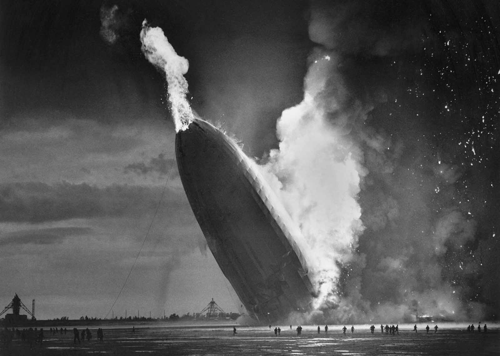 The Hindenburg crashes in flames at the U.S. Naval Station in Lakehurst on May 6, 1937. The disaster, which claimed 36 lives after a 60-hour transatlantic flight, marked the end of passenger airship travel.