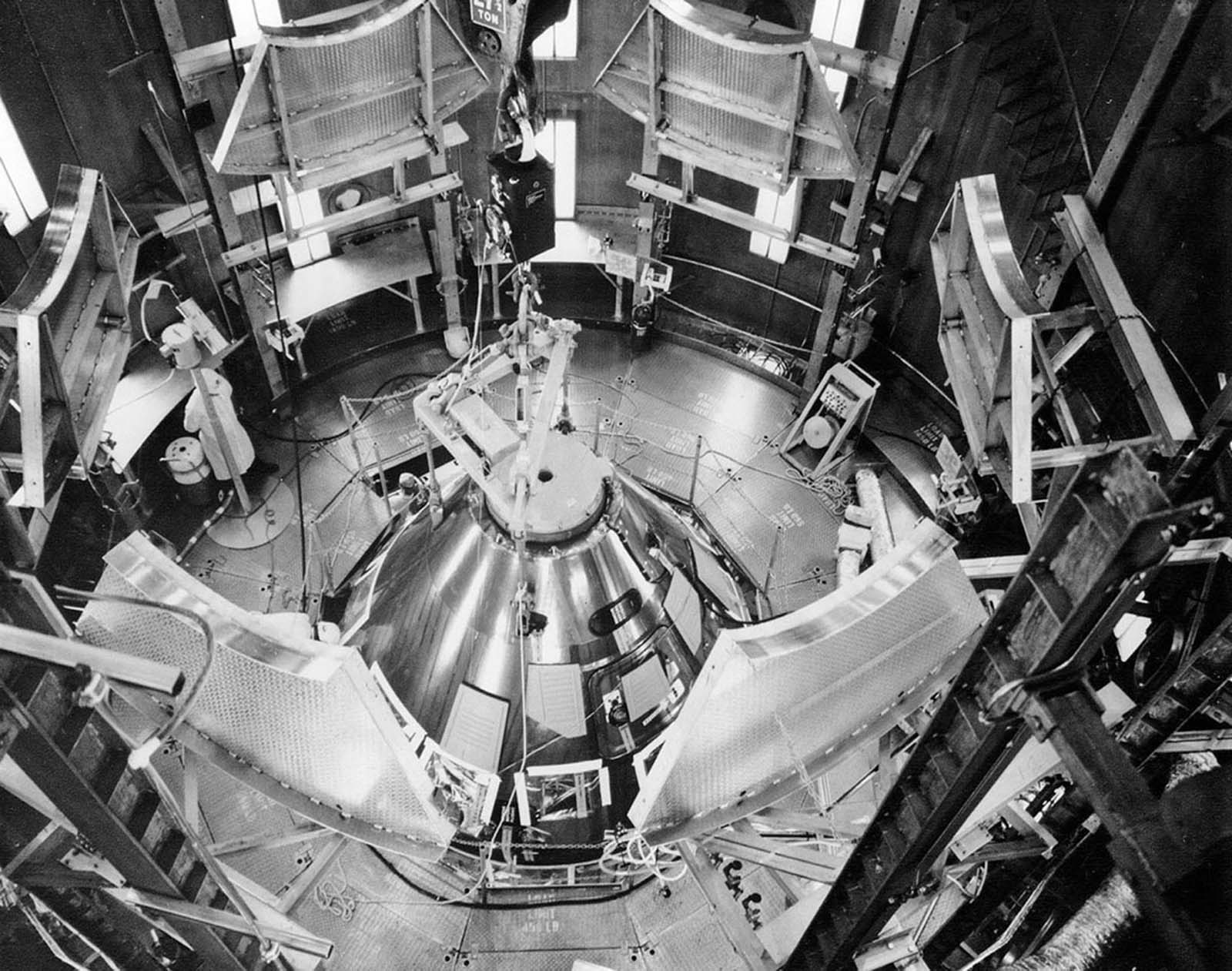 The Apollo 11 command and service modules undergo altitude testing at Kennedy Space Center, ensuring mission readiness.