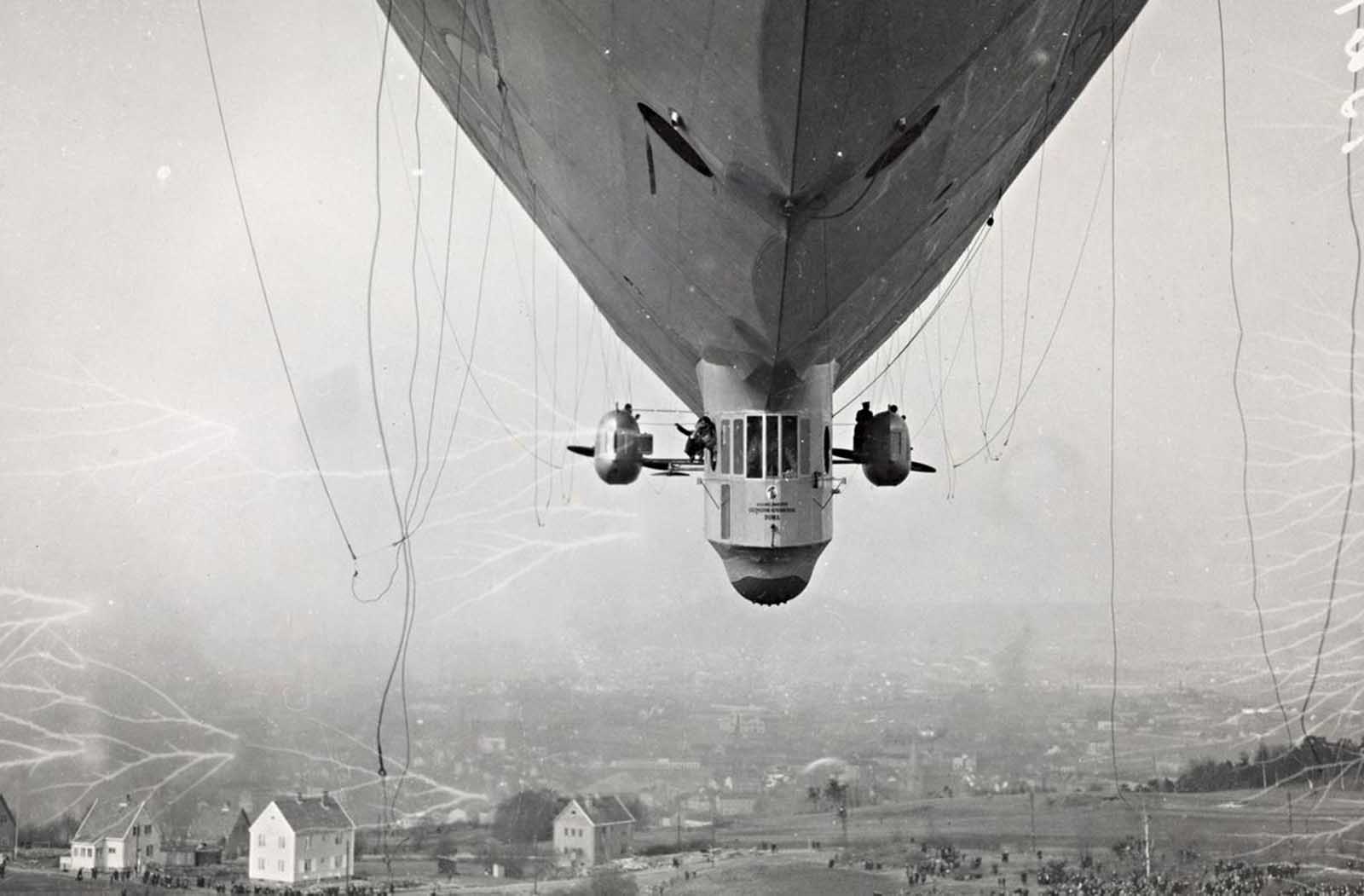 The Norwegian airship "Norge" floats over Ekeberg, Norway, on April 14, 1926.