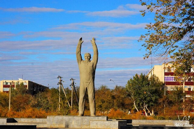 The Yuri Gagarin monument, a landmark in Baikonur, installed on April 12, 1984, in honor of the pioneering astronaut.