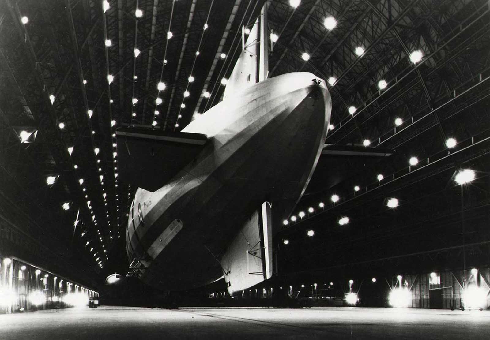 The airship USS Macon moored at Hangar One at Moffett Federal Airfield near Mountain View, California.