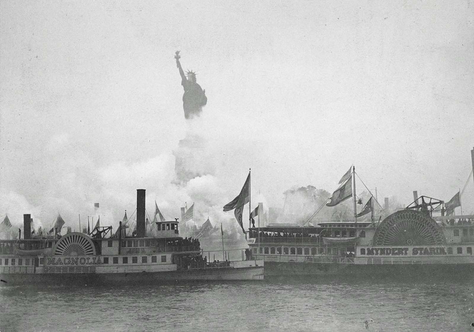 The grand inauguration of the Statue of Liberty takes place on October 28, 1886, marked by a military and naval salute, with U.S. President Grover Cleveland presiding over the historic event.