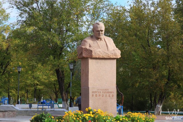 The monument to S.P. Korolev in Baikonur, honoring the visionary behind Soviet space exploration.