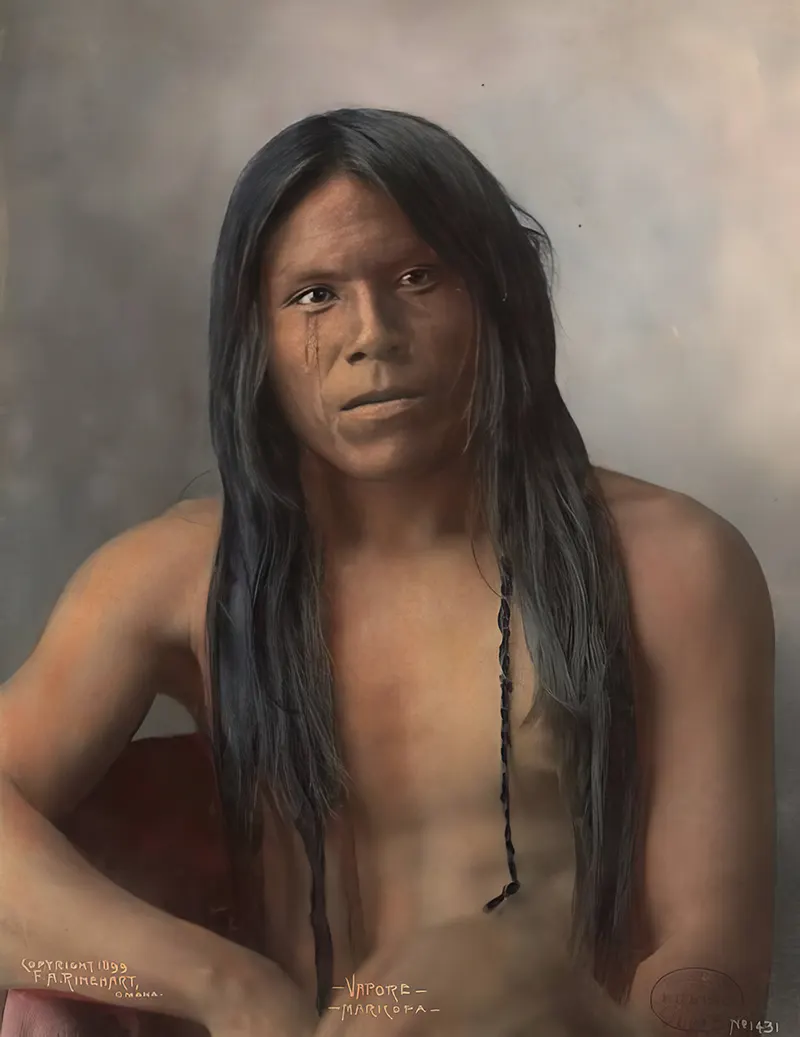 Vapore, a Maricopa man, in a rare portrait taken in 1899 in Omaha, Nebraska.